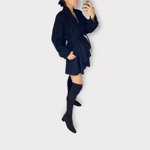 BURBERRY Pitch Black cashmere wool trench coat jacket cascade shawl collar S M L - Picture 1 of 5